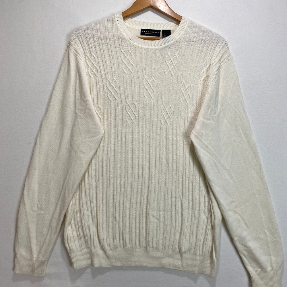 Crazy Horse Claiborne Company Mens Cream Cable Knit Sweater L Cotton‎ Winter